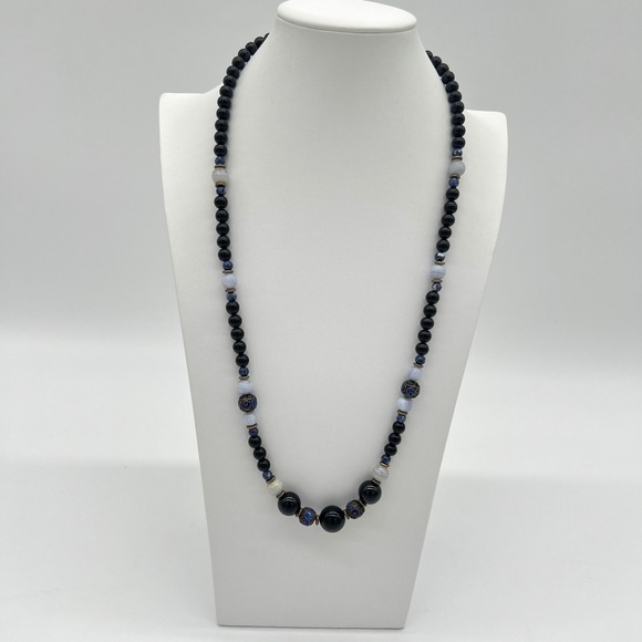 Vintage Black Onyx & Blue Cloisonné Bead Necklace 30" Clasp Stamped Silver - Picture 1 of 8
